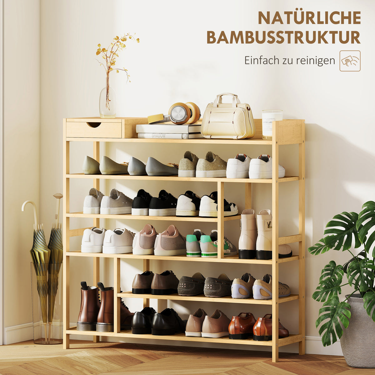 Schoenenrek, schoenenstandaard met 6 niveaus, lade van bamboe, voor max. 18 paar schoenen, schoenenopbergrek (5)