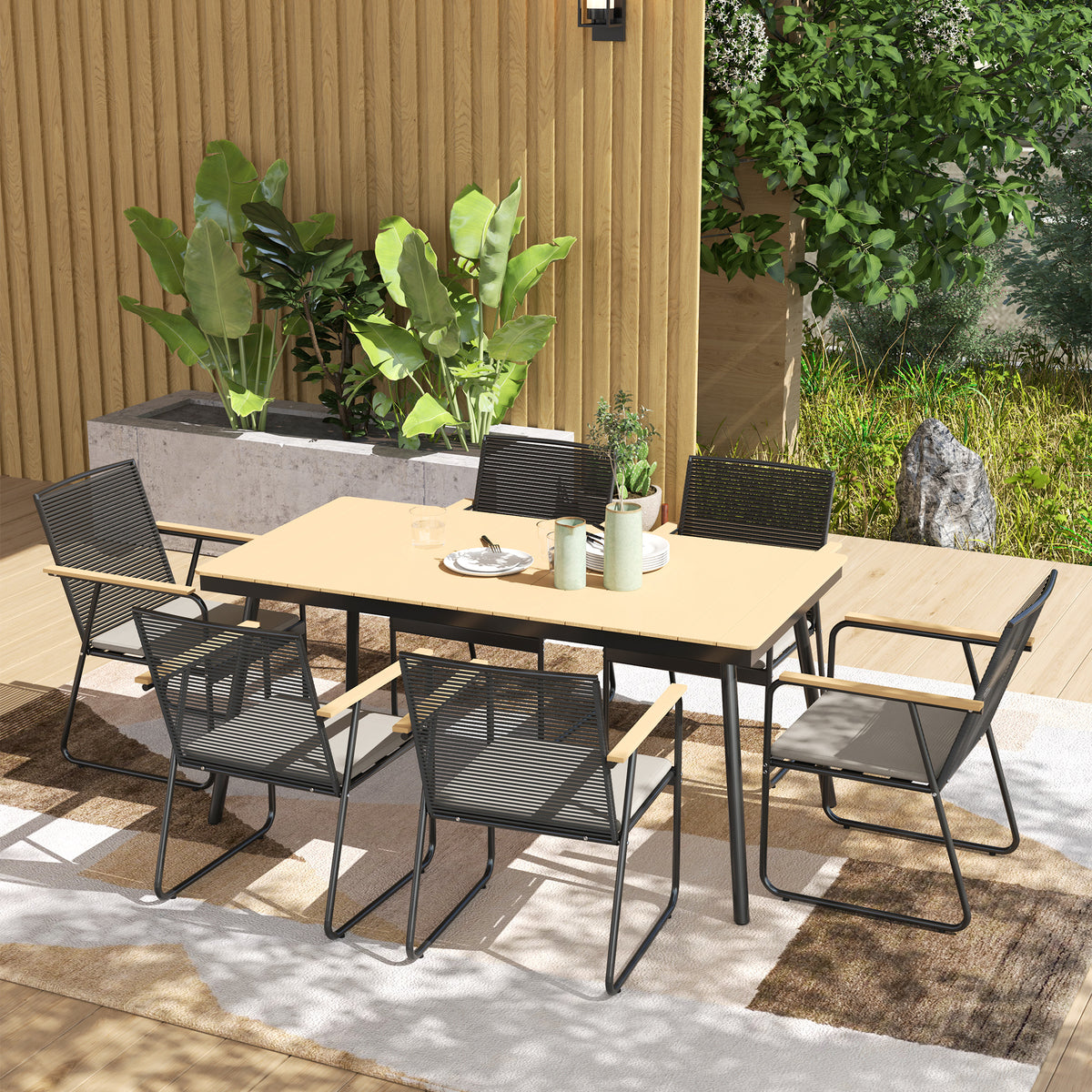 7-delige zithoek metalen eetset voor 6 personen eettafel met 6 stoelen eetkamerset natuurlijk hout+zwart (2)