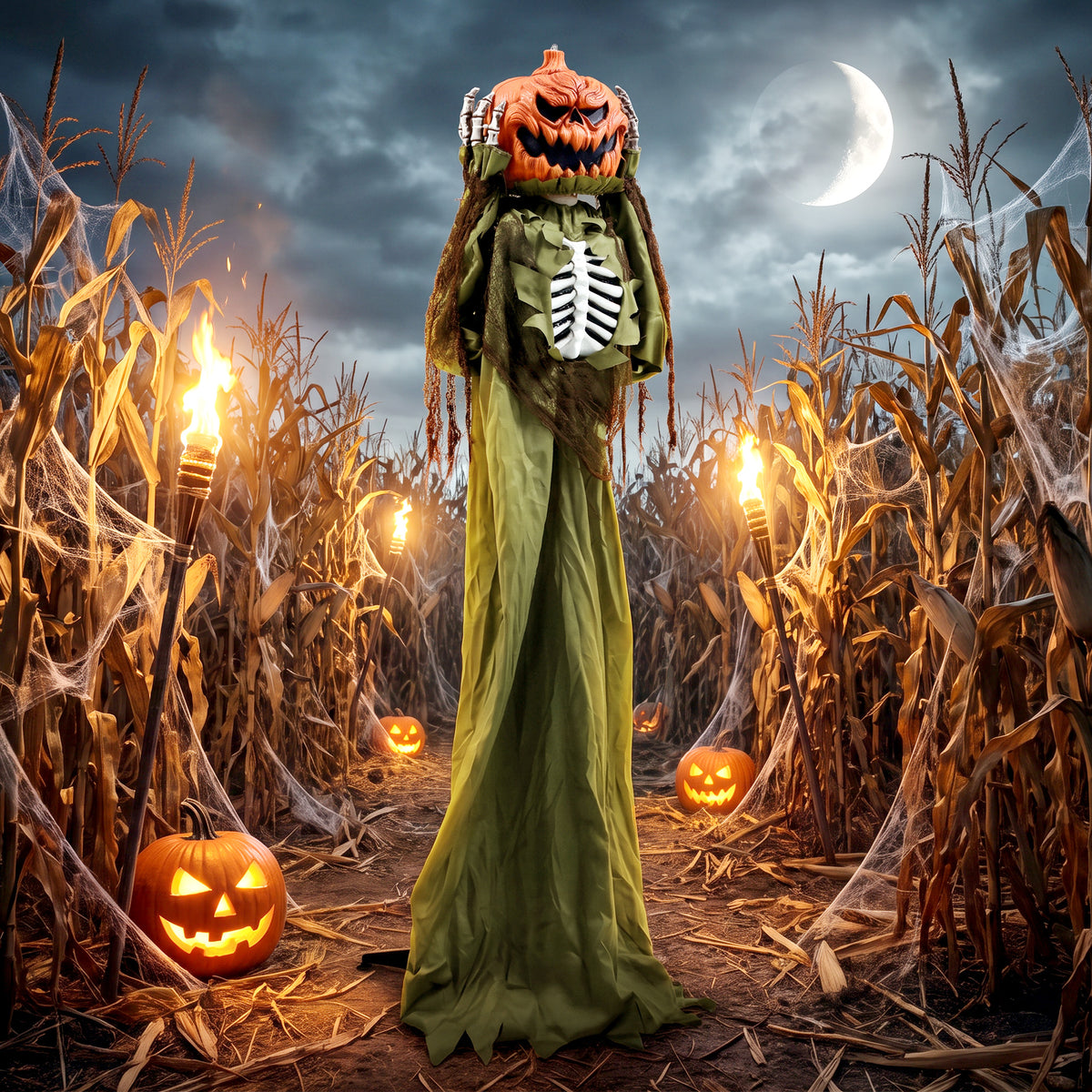 Geanimeerd pop-up pompoenskelet, 173 cm, griezelige Halloween-decoratie met licht, geluid- en aanraakactivering (2)