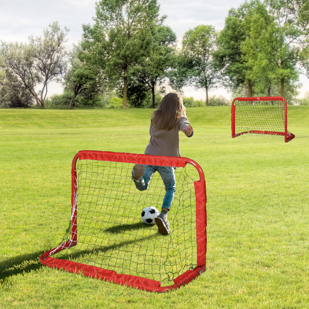 Voetbaldoelset, 2 inklapbare minidoelen, metalen frame, incl. gereedschap, 90 x 36 x 60 cm, rood (2)