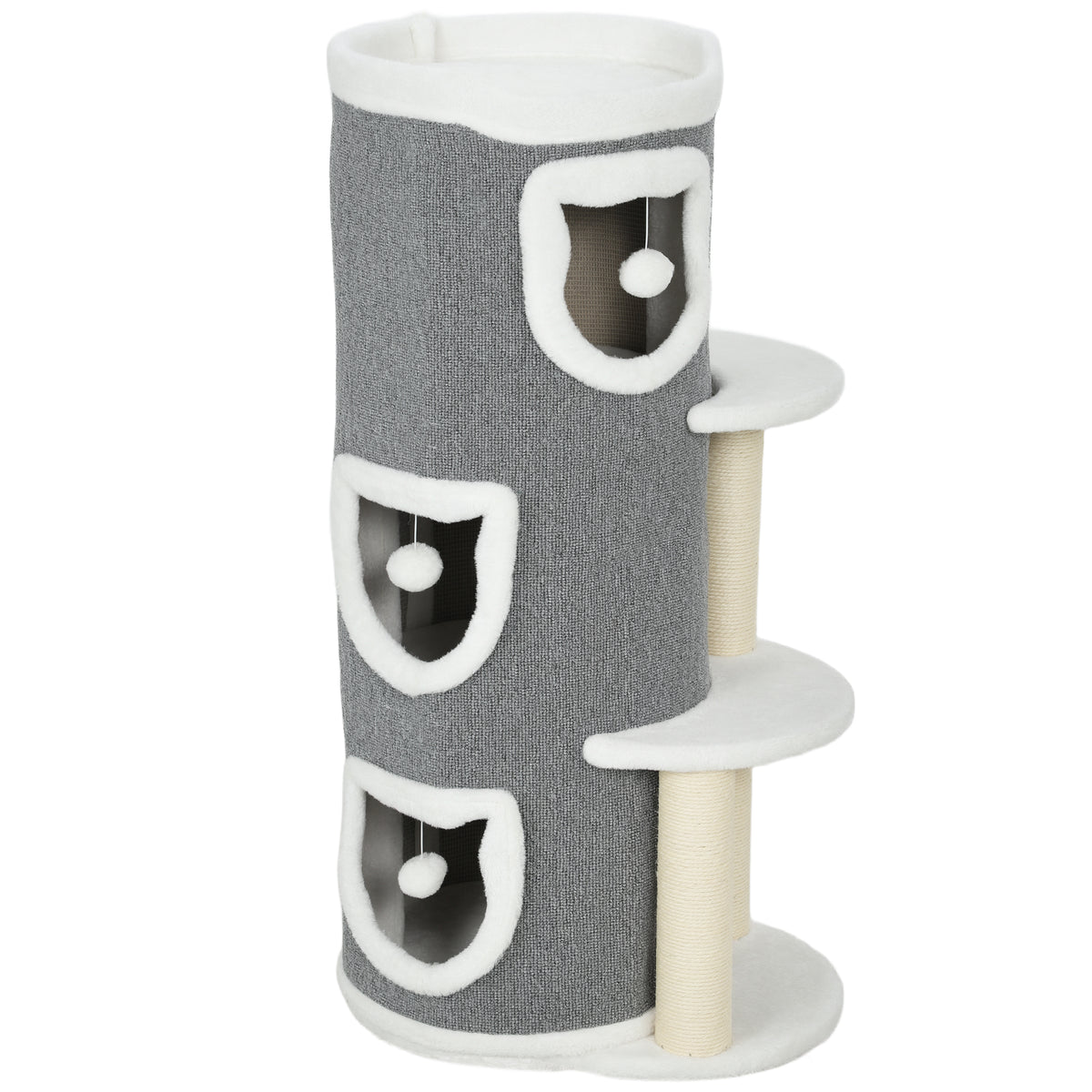 101 cm kattentoren, 3 niveaus, 3 slaapholletjes, speelballen, krabpalen, sisal, spaanplaat, grijs