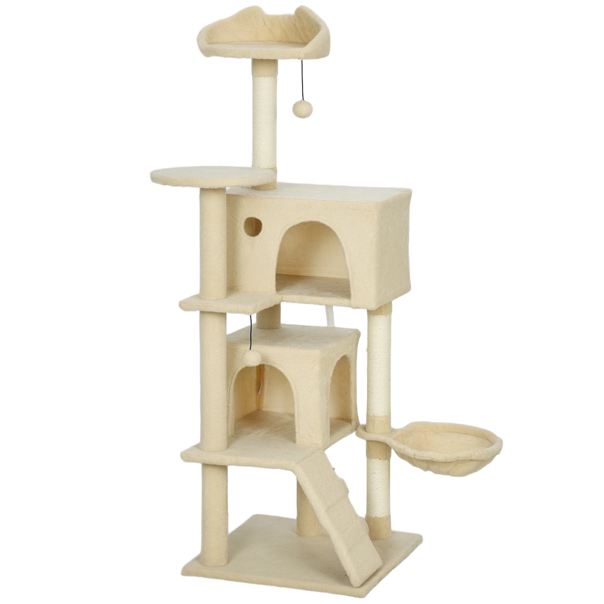 Krabpaal 140 cm kattentoren met hangmat, ladder, grot, 2 pluche balletjes, sisalstammen, 48 x 48 x 140 cm, beige