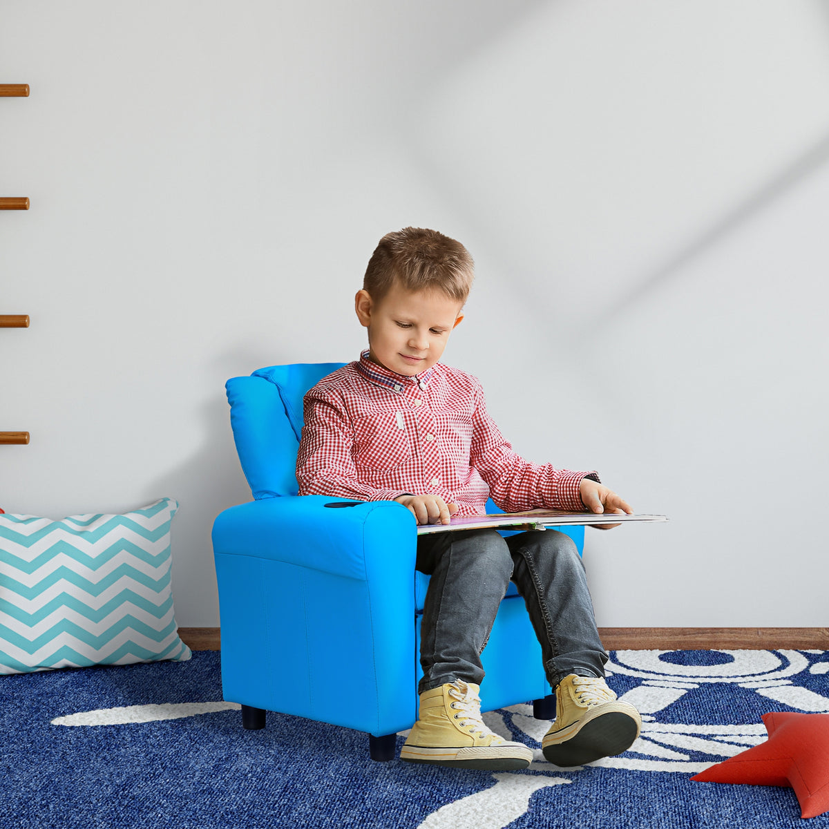 Kinderfauteuil met verstelbare rugleuning 62 x 52 x 69 cm massief houten frame blauw (2)