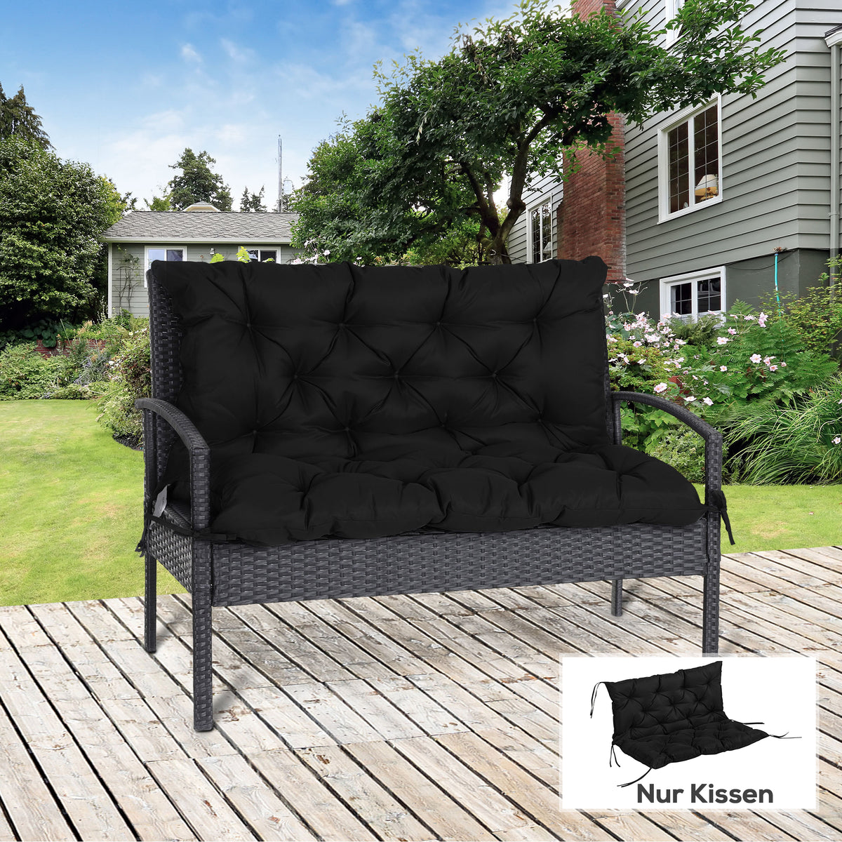 3-zits bankkussen 100x98x8 cm bankkussen met linten, bankkussen voor tuinmeubels schommelbank, zwart (2)