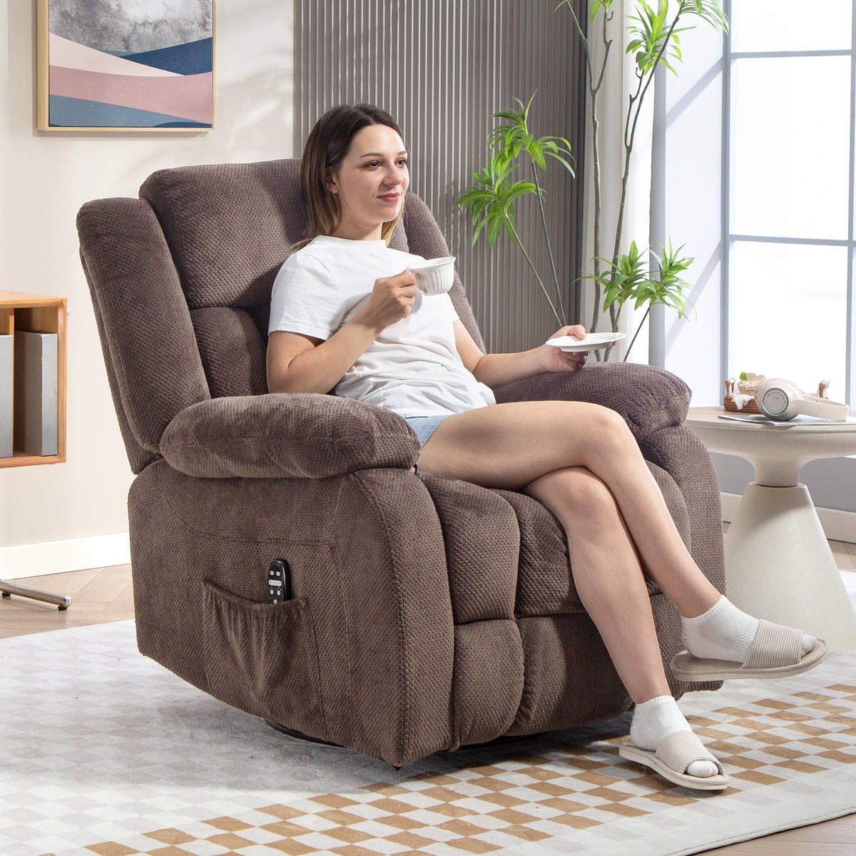Relaxfauteuil met vibratiemassage en warmtefunctie, handmatig verstelbare draaifauteuil met schommelfunctie en (2)