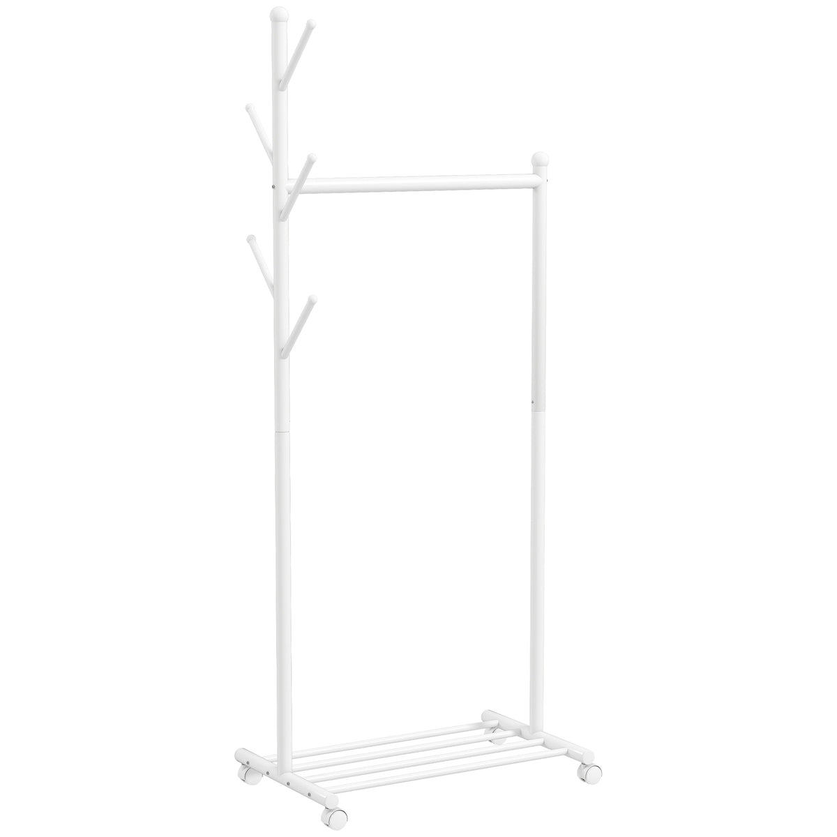 Kledingrek met wielen, verrijdbaar garderoberek met kledingstang, 5 haken, schoenenrek wit