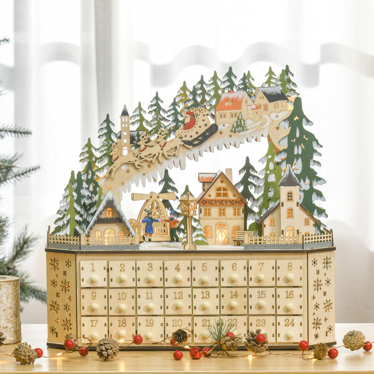 Adventskalender kerstdecoratie, 24 lades, ledverlichting, 39 cm x 9 cm x 42 cm, wit + groen (2)