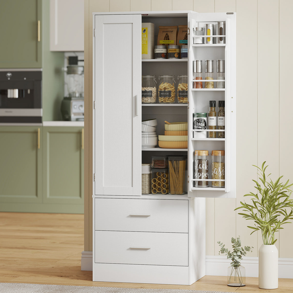 159 cm keukenkast, verstelbare planken, 2 lades, voor keuken, eetkamer, spaanplaat, MDF, wit (2)
