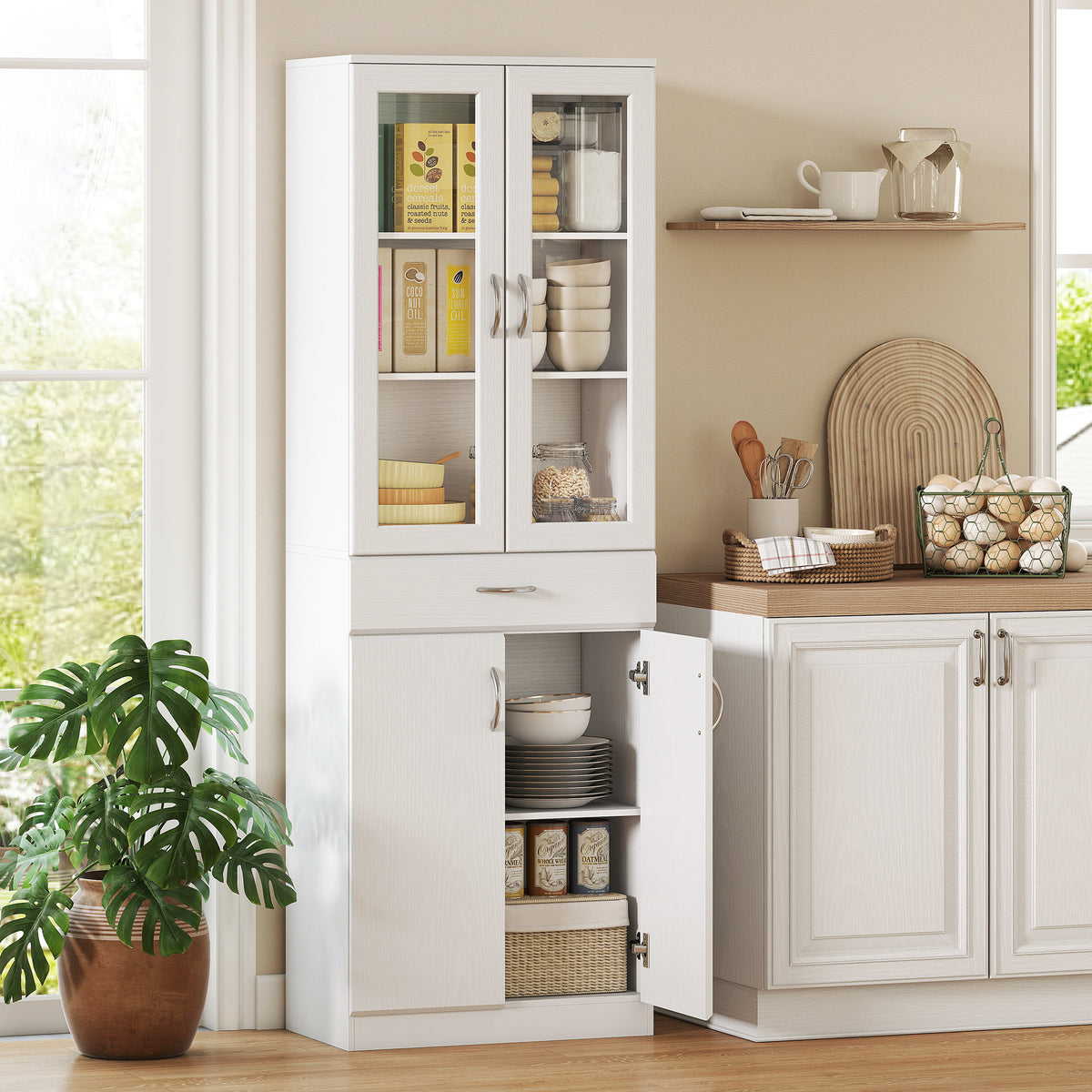 Keukenkast buffetkast met verstelbare plank lade 2 kast hoge kast met glazen deur 60 x 35 x 180 cm wit (2)