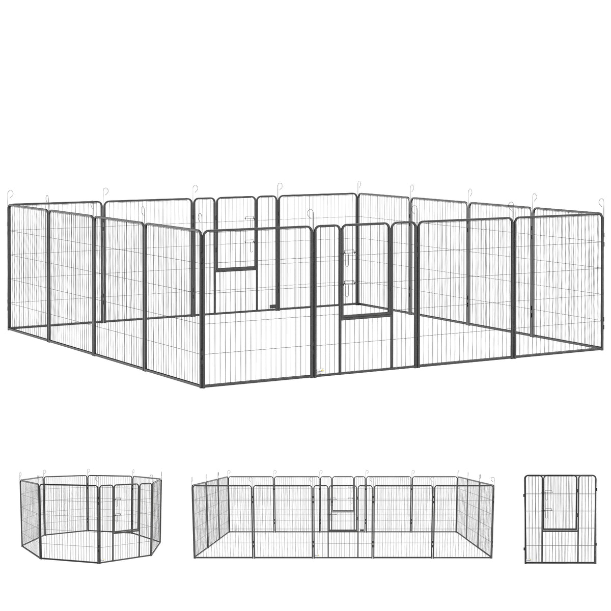 Puppenren, modulair ontwerp, 16 elementen, 2 deuren, weerbestendig, staal, 3,2 x 3,2 x 1 m, grijs