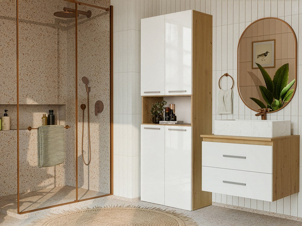 Badezimmerschrank NEL 1K DK Regal Hochschrank mit Wäschekorb EICHE ARTISAN WEISS HOCHGLANZ – Produktabbildung 2