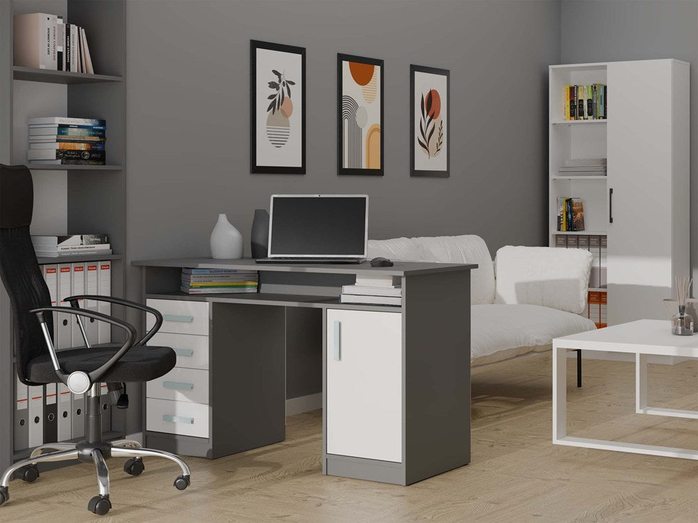 SCHREIBTISCH ADA ANTHRAZIT WEISS 125 cm 4 Schubladen Schrank Regale für Büro Zimmer Laptop – Produktabbildung 2