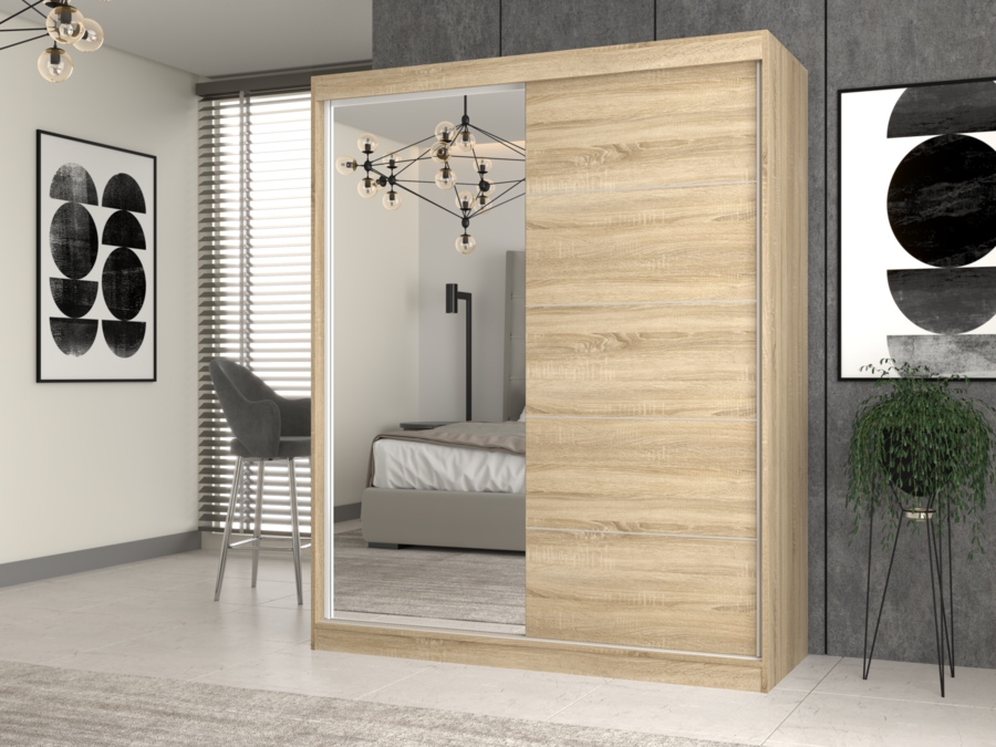 Kleiderschrank Iga 160 A/C EICHE SONOMA 1 x Spiegel Sprossen für Schlafzimmer Flur – Produktabbildung 2