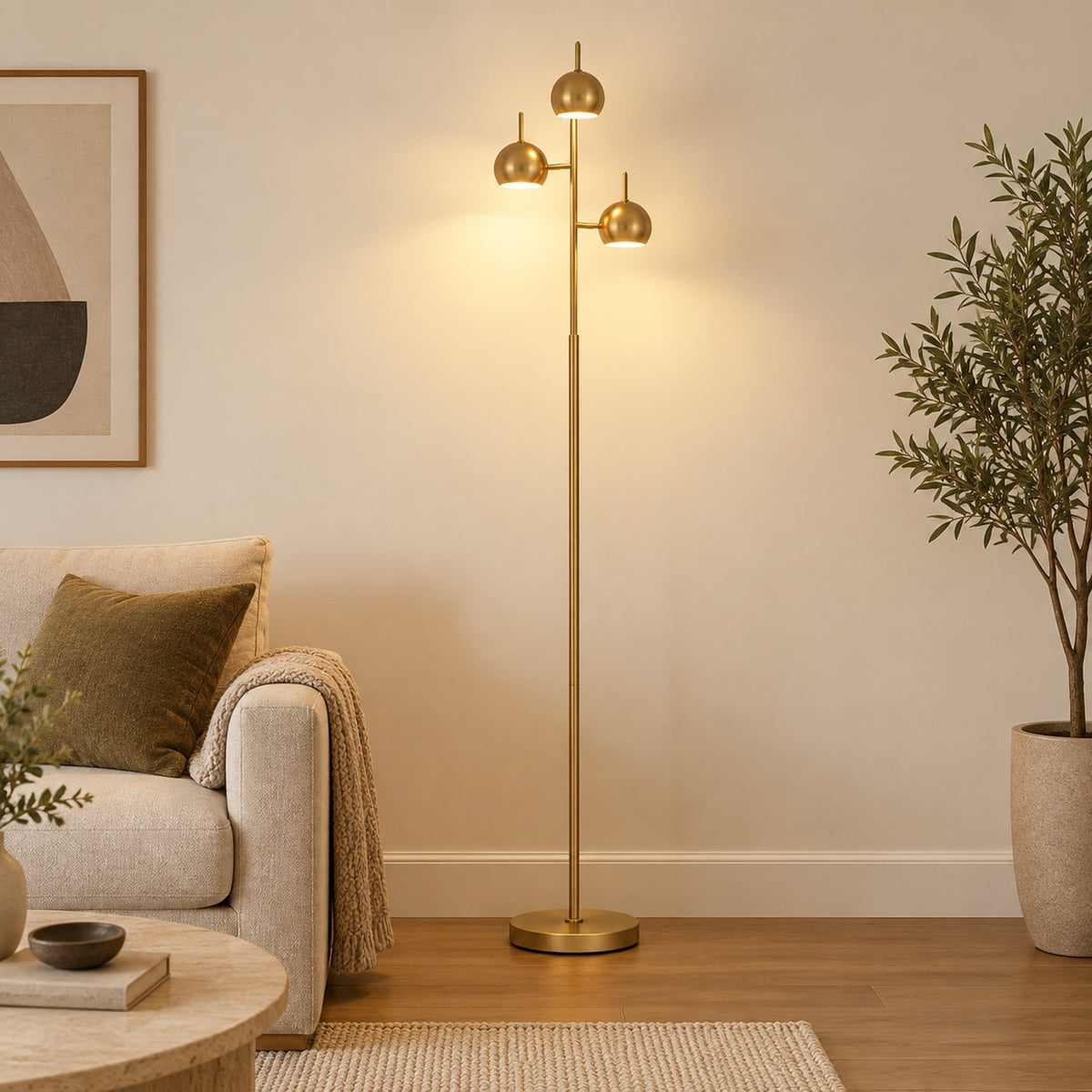 Vloerlamp 350° verstelbaar voor woonkamer en kantoor, staande lamp met 3 kappen van staal goud (2)