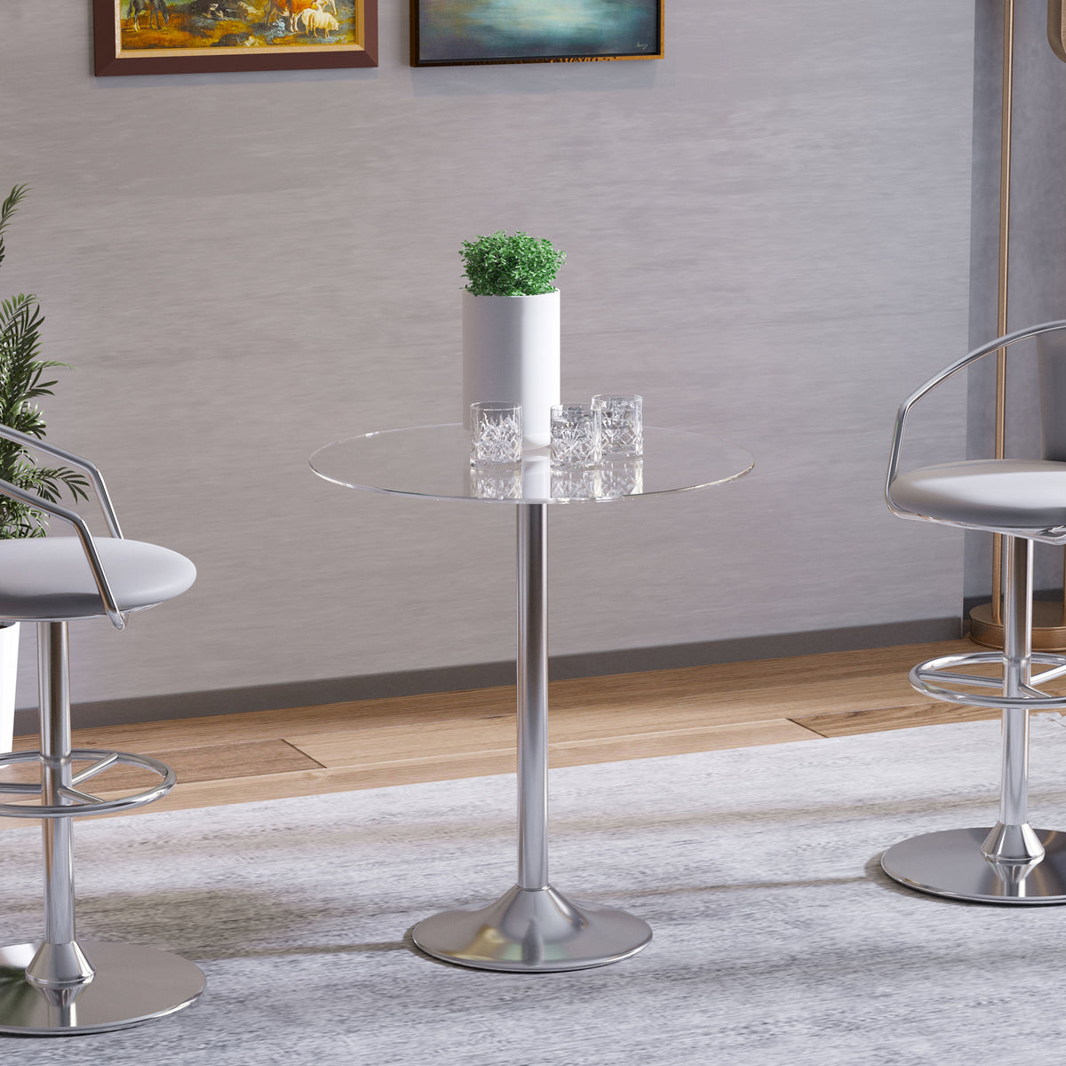 Ronde eettafel met glazen blad, metalen onderstel, zilverkleurig (10)