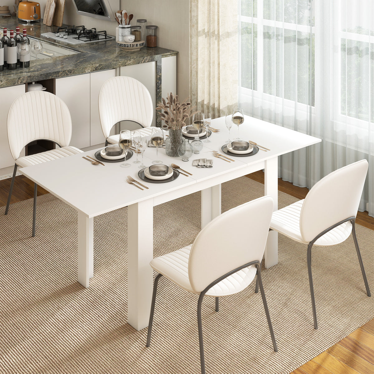 Uitschuifbare eettafel, 140/180 x 80 cm keukentafel voor 6-8 personen, voor keuken, eetkamer, wit (2)