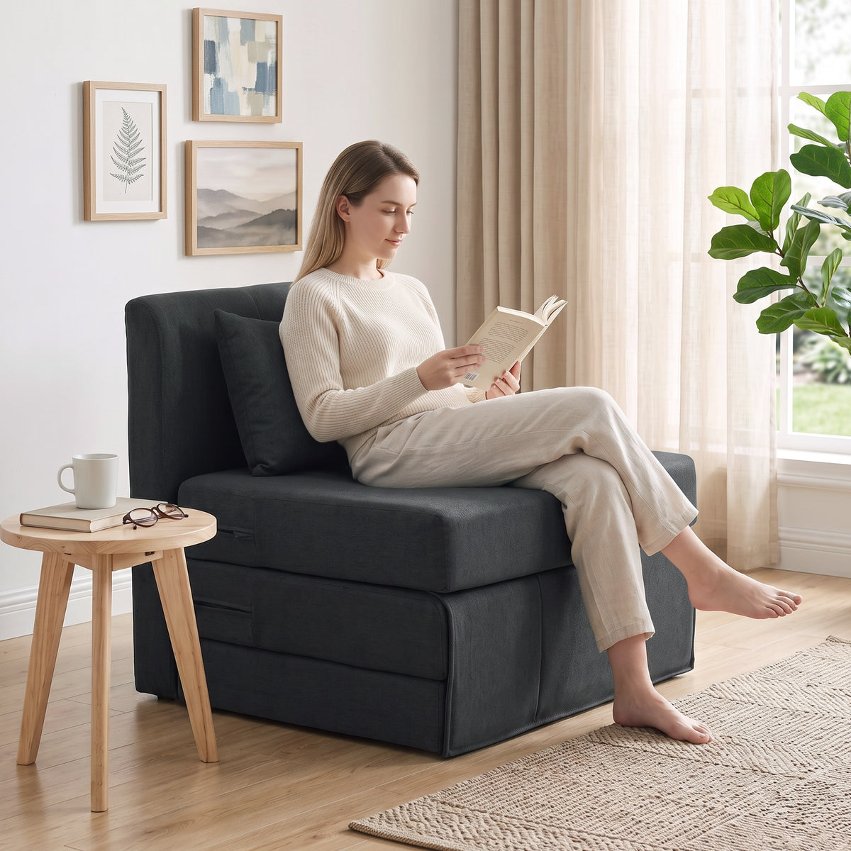 2-in-1 slaapfauteuil, opvouwbare slaapbank met linnenstructuur, gestoffeerd logeerbed, klapstoel, donkergrijs (2)