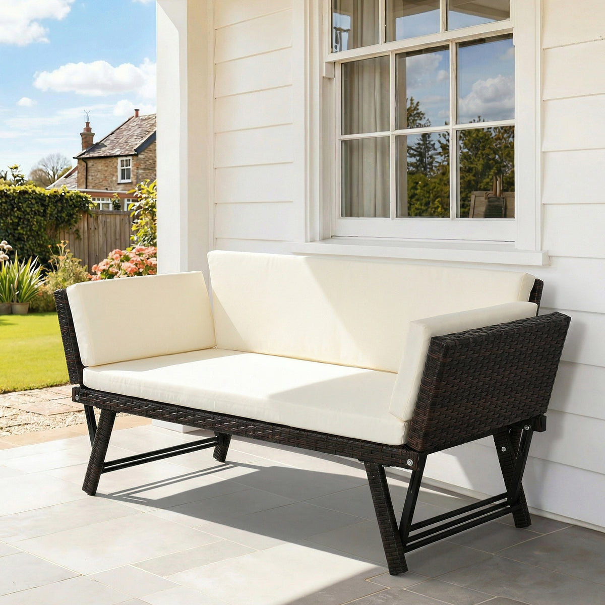 Polyrattan tuinbank 2-zits tuinmeubelen loungesofa tuinbank tuinligbed inklapbaar armleuningen staal bruin 129 x (2)