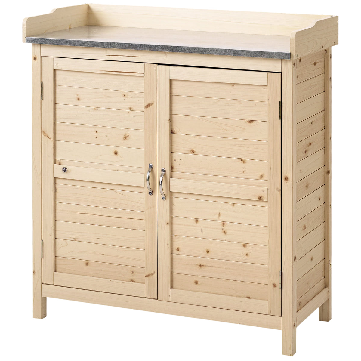 Tuinkast met 2 vakken, metalen werkblad met opkanting, natuurlijk hout, 83 x 40 x 92 cm