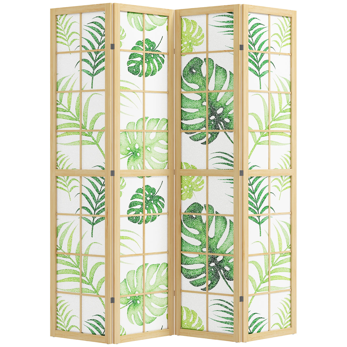 4-delige ruimteverdeler, inklapbaar, boho-design, tropisch motief, vrijstaande scheidingswand, houten frame