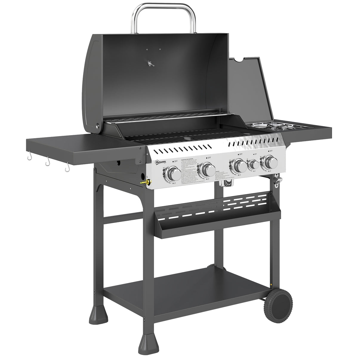Gasbarbecue, BBQ-grill, 4 hoofdbranders, 1 zijbrander, 1 warmhoudplaat; 135 x 55 x 103 cm, zwart