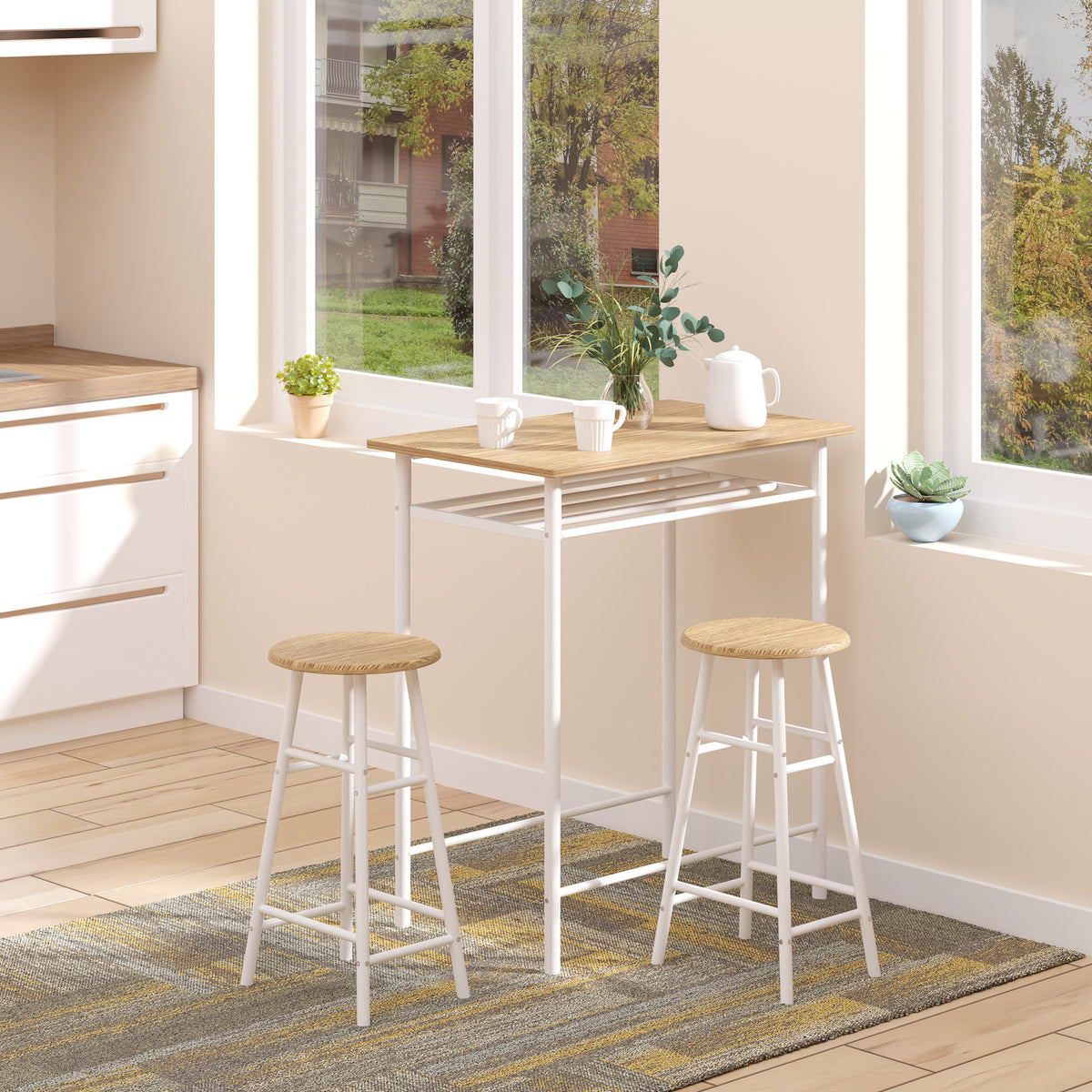 Bartafelset bartafel met 2 barkrukken eethoek keukentafel met opbergrek eettafel voor eetkamer, keuken, wit (2)