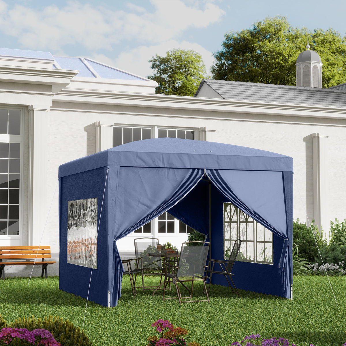 3 x 3 m paviljoen met 4 zijwanden, ramen, feesttent met uv-bescherming, tuintent incl. draagtas, staal, blauw (2)