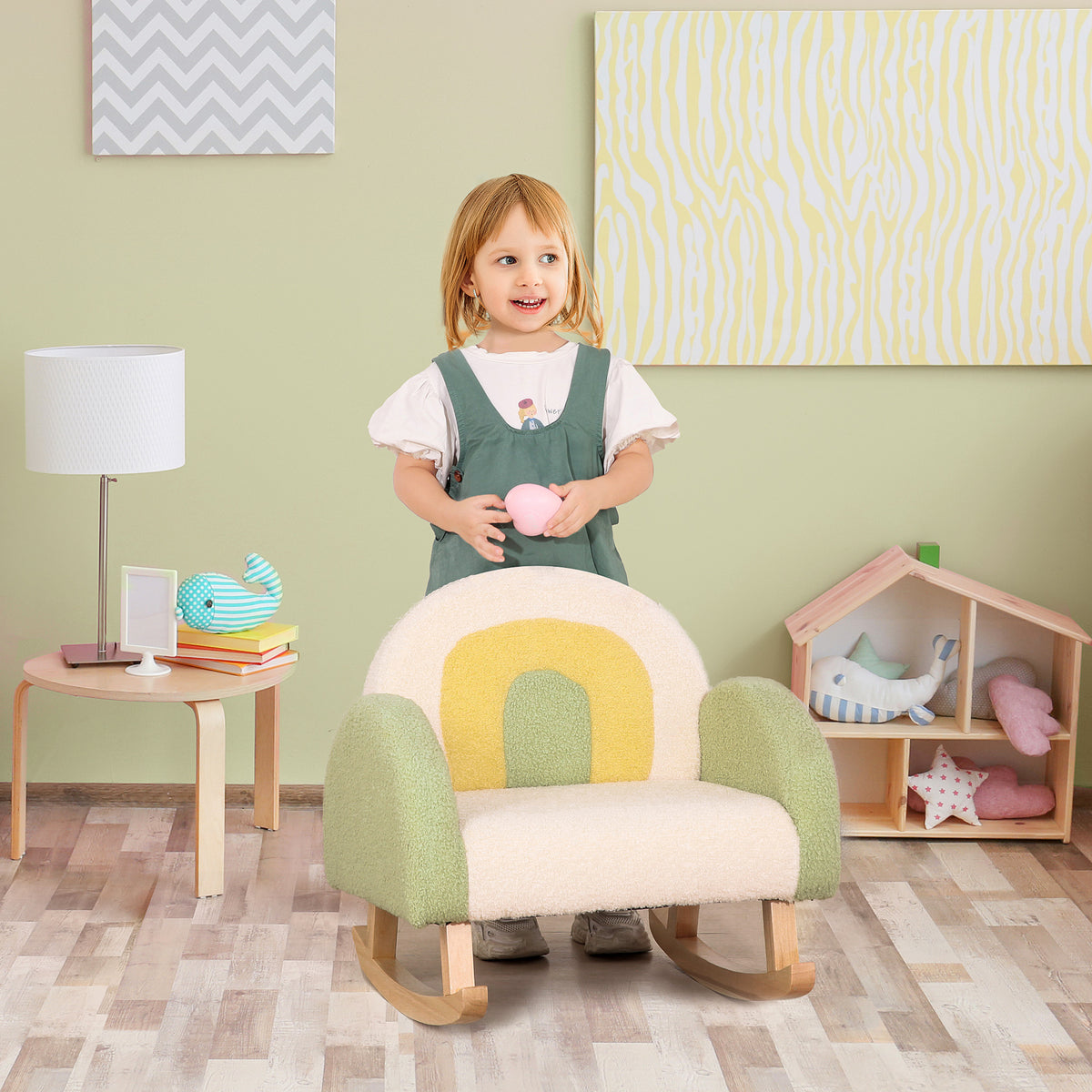 Schommelstoel voor peuters Schattig design, imitatie schapenvacht, eucalyptus hout Groen + Geel Beige (2)
