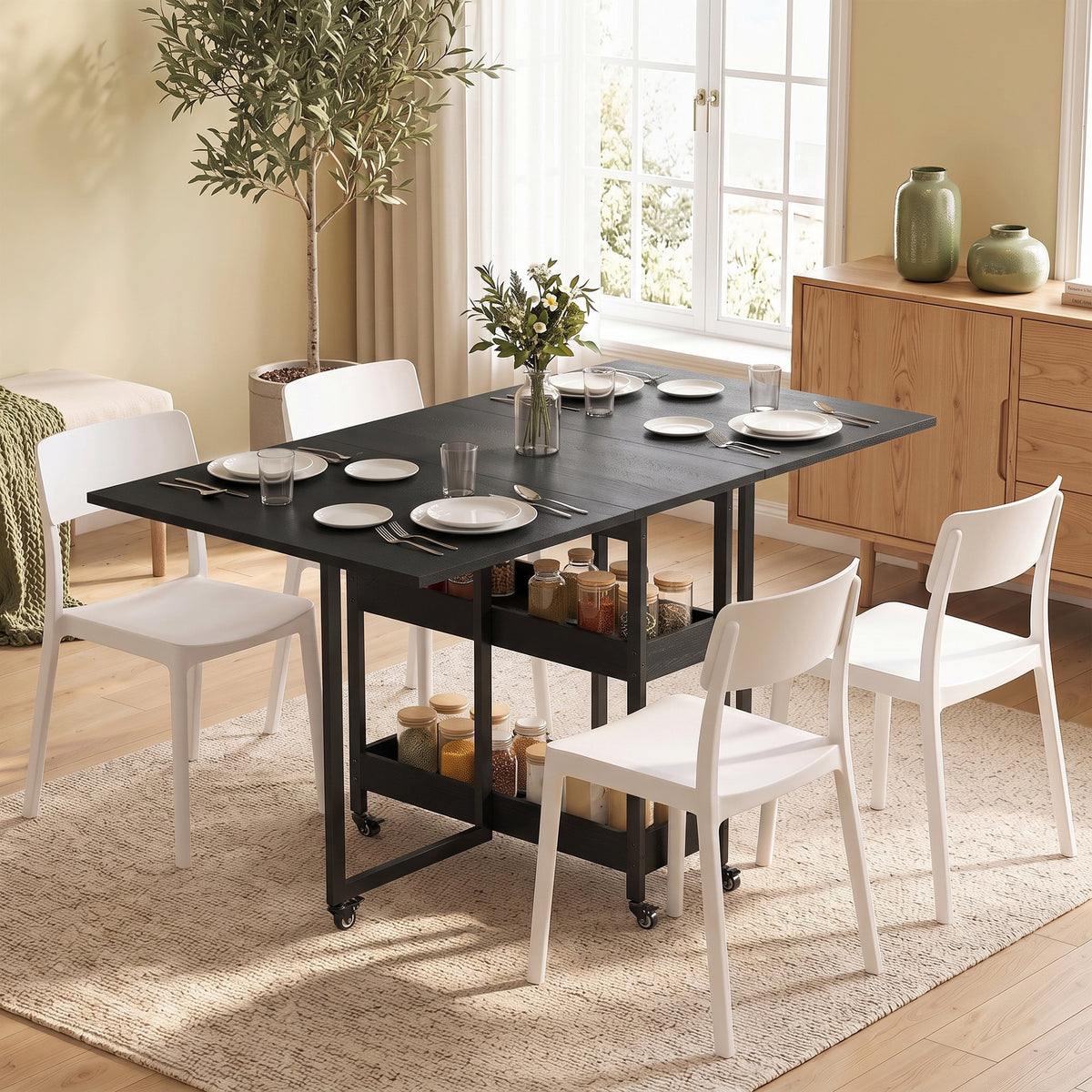 Inklapbare eettafel in industrieel design, voor maximaal 4 personen, open schappen, flexibel, metaal, spaanplaat (2)