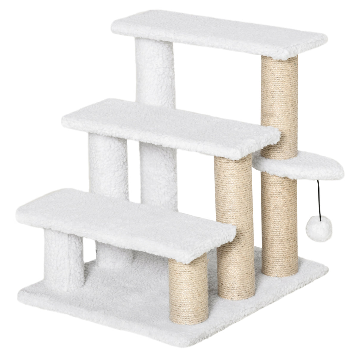 Kattentrap 3-traps huisdiertrap met krabpalen bal hondentrap dierentrap voor katten tot 5 kg pluche jute wit 45