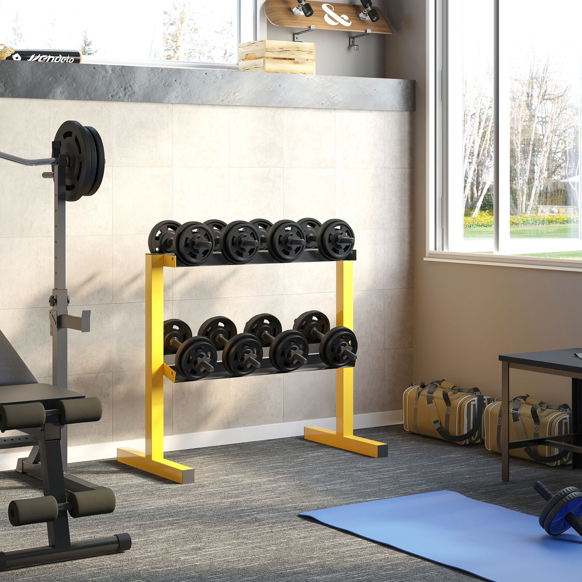 Halter voor dumbbells, tot 270 kg, 2 lagen, stalen frame, geel, 92,5 x 50,5 x 80,5 cm (2)