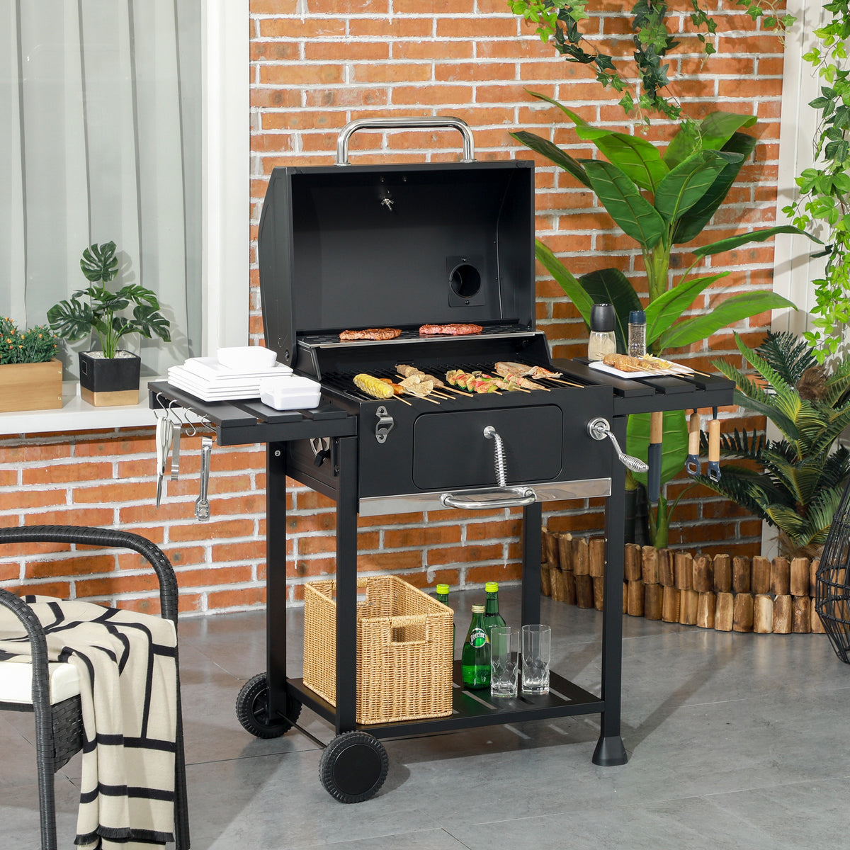Houtskoolbarbecue BBQ-grill smoker, incl. thermometer, flesopener, 120 x 64 x 114 cm, zwart (2)