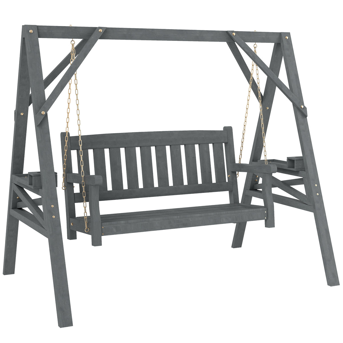 2-zits houten schommelbank, tuinschommel met plateaus, bekerhouder, belastbaar tot 250 kg, voor de tuin, grijs