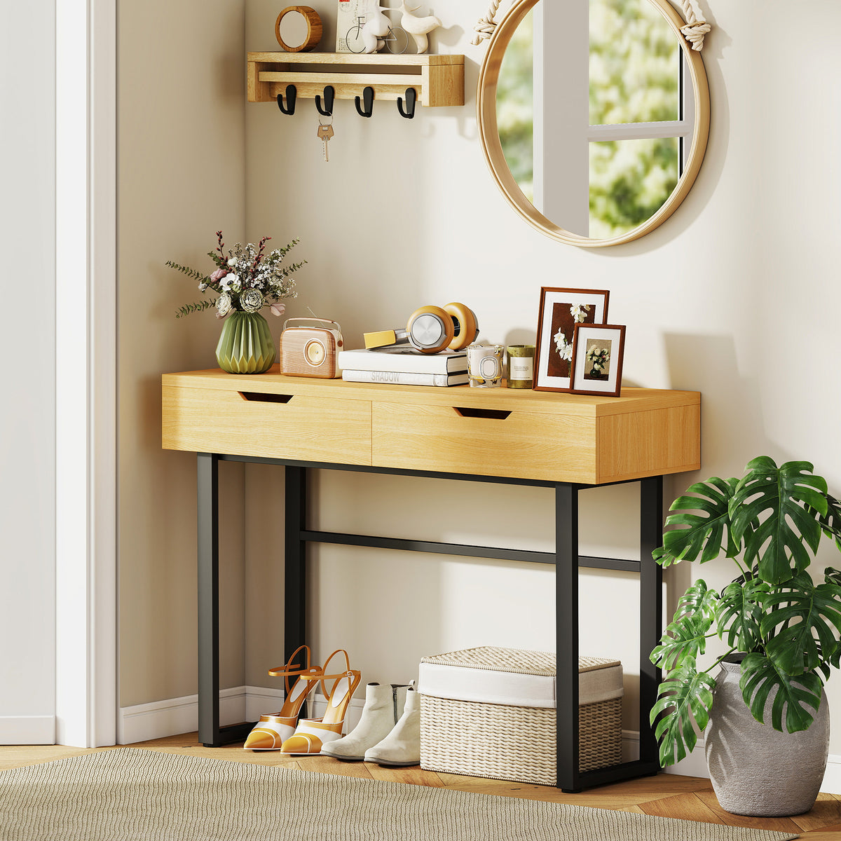 Sidetable, smalle haltafel met 2 lades, metalen frame, voor in de hal, 110 x 35 x 76,5 cm, naturel (2)