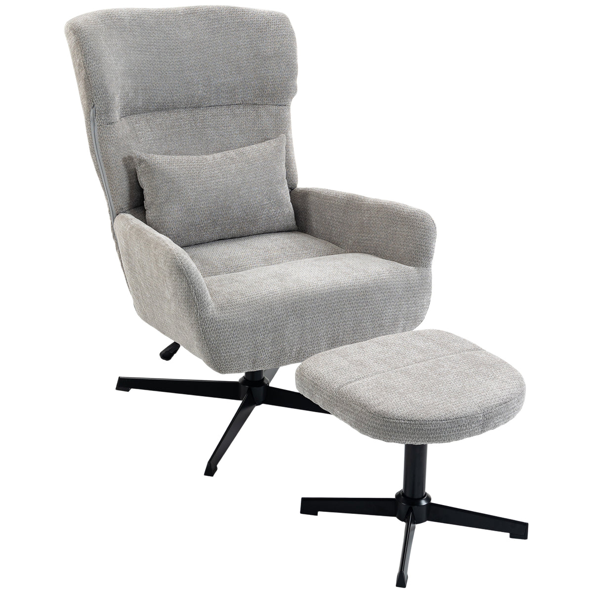 360° draaibare loungestoel met hocker, in hoogte verstelbaar, chenille bekleding, met lendenkussen, crèmewit