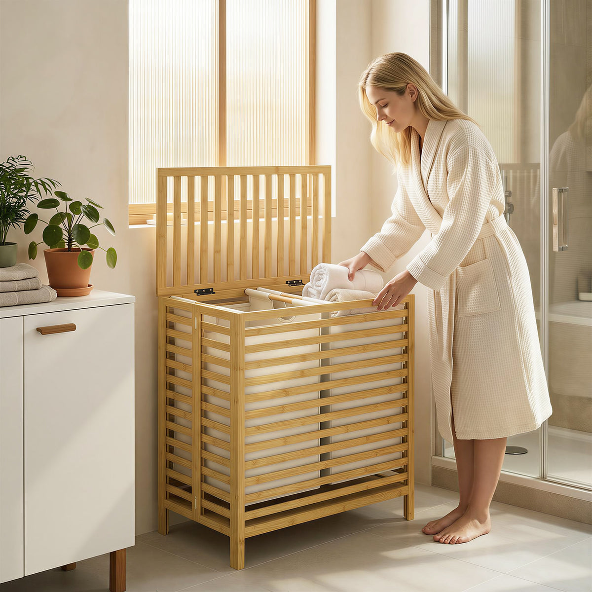 Bamboe wasmand met deksel, 2 manden, opvouwbaar, 64L, naturel en crèmewit (2)
