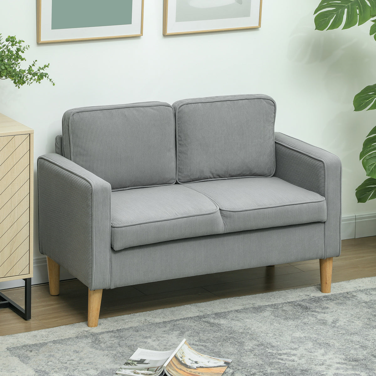 Tweezitsbank met opbergruimte en massief houten poten, voor woonkamer, slaapkamer, 117 x 63 x 79 cm, lichtgrijs (2)