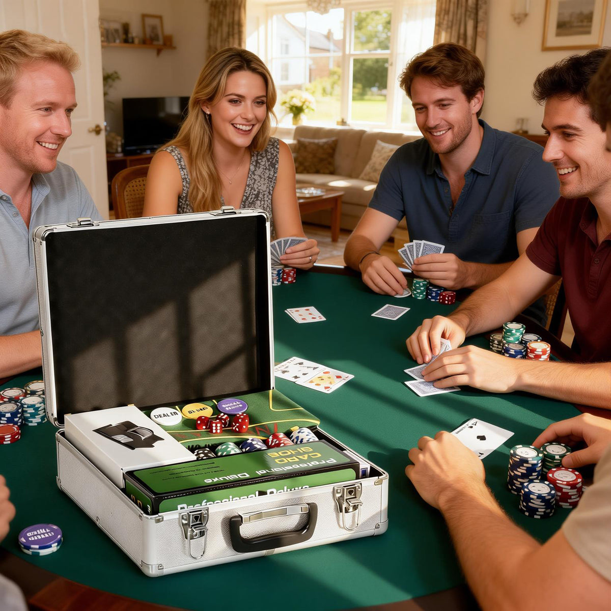 Pokerset, 500 fiches, dobbelstenen, 2 kaartspellen, accessoires, koffer, voor 10 spelers (2)