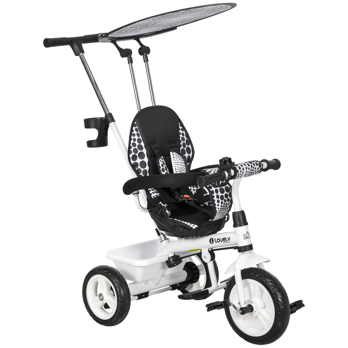 6-in-1 kinderdriewieler met duwstang, zonnekap, veiligheidsgordel, opbergmand, voor 1-5 jaar, wit