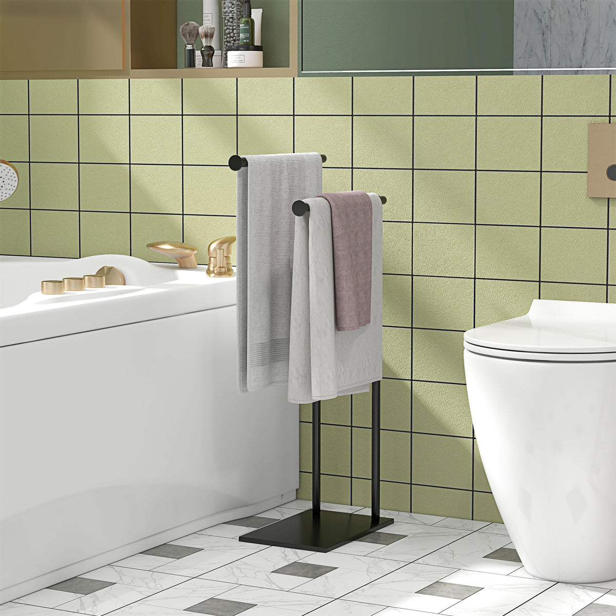 Vrijstaande handdoekhouder met 2 stangen voor badkamer, badhanddoeken zwart 35,5 x 20 x 78 cm (2)