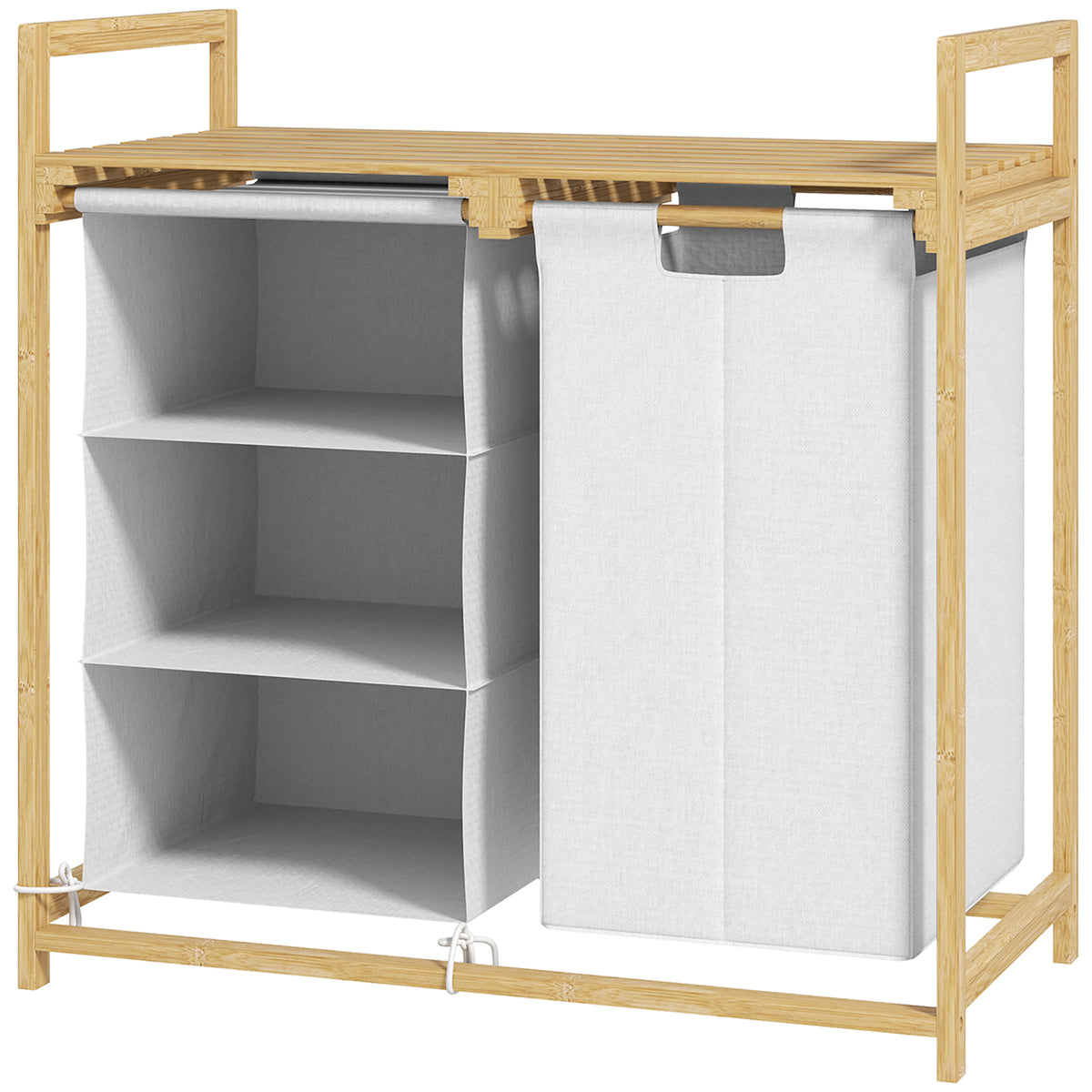 Wasmand met waszak, stoffen lade, bamboe, 70x36x70 cm, wit/hout