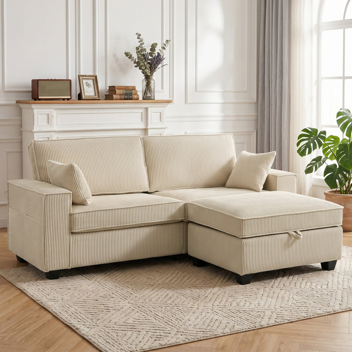 Hoekbank 216 cm 3-zits L-vorm bank met omkeerbare opbergpoef, ribfluweel-look, brede zitting, voor woonkamer (2)