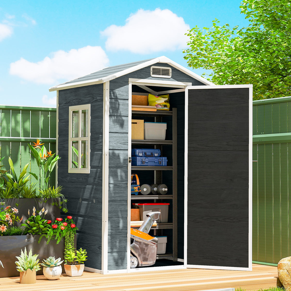 Gereedschapshuisje 1,1 m² tuinhuis met houtlook, raam, zadeldak, ventilatie, bodem, slot, handschoenen, grijs (2)