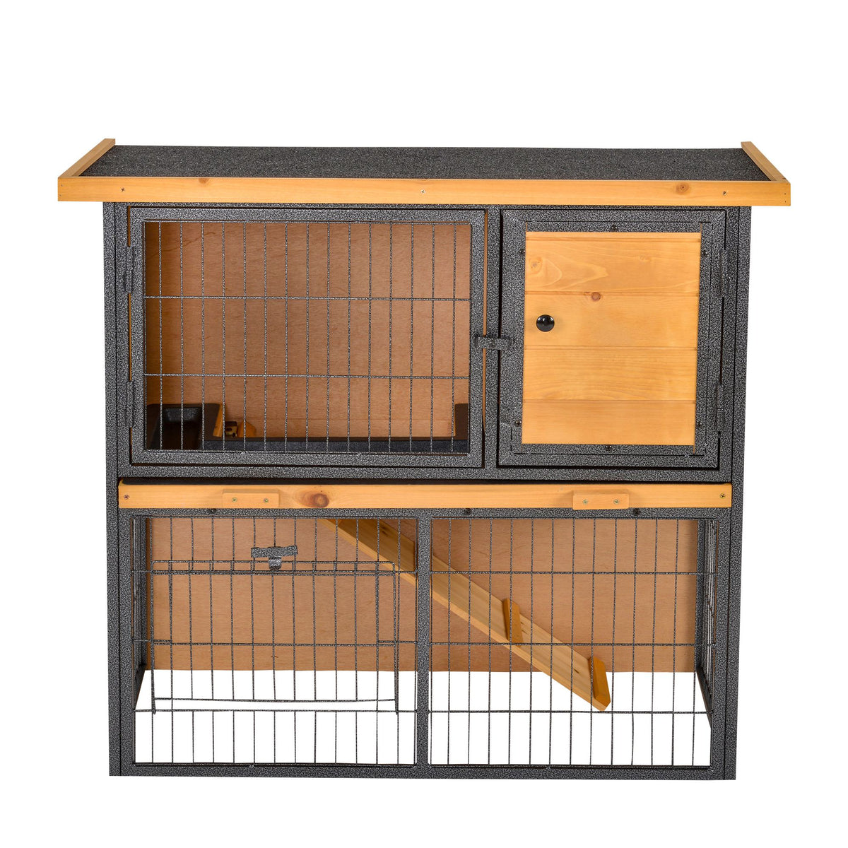 Kleine dierenstal verhoogd huisdierverblijf kooi met afsluitbare deur hout-metaal lichtgeel 89,5 x 45 x 81 cm