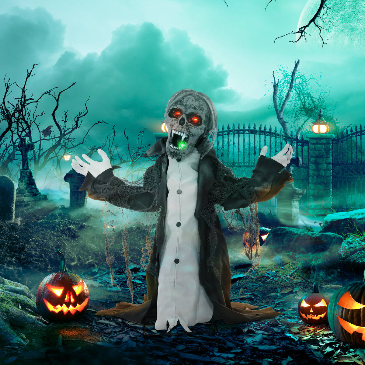 Halloweendecoratie, skelet/zombie, beweegbaar, bewegingssensor, leds & geluid, 75 cm (2)