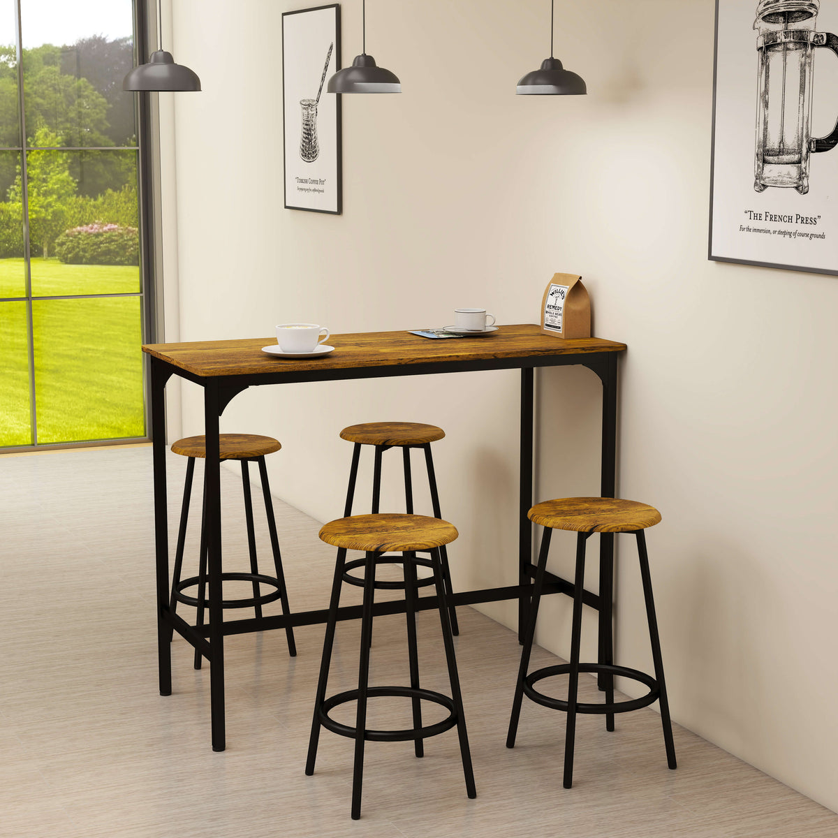 5-delige bartafelset in industrieel design, 1 bartafel, 4 barkrukken, zithoek, keukentoonbank, zwart + bruin (2)