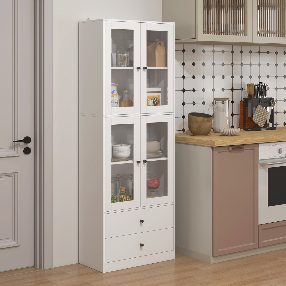Keukenkast met lades en glazen deuren, melamine oppervlak, wit (2)