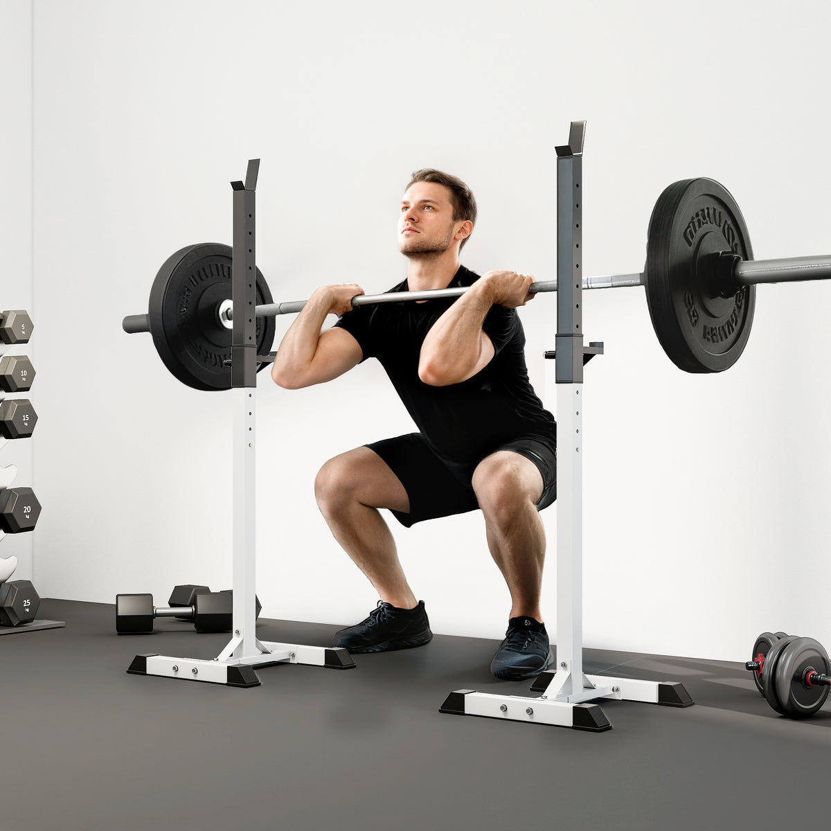 Halterstandaard, set van 2, belastbaar tot 150 kg, in hoogte verstelbaar, staal, wit+zwart, 52 x 48 x 160 cm (2)