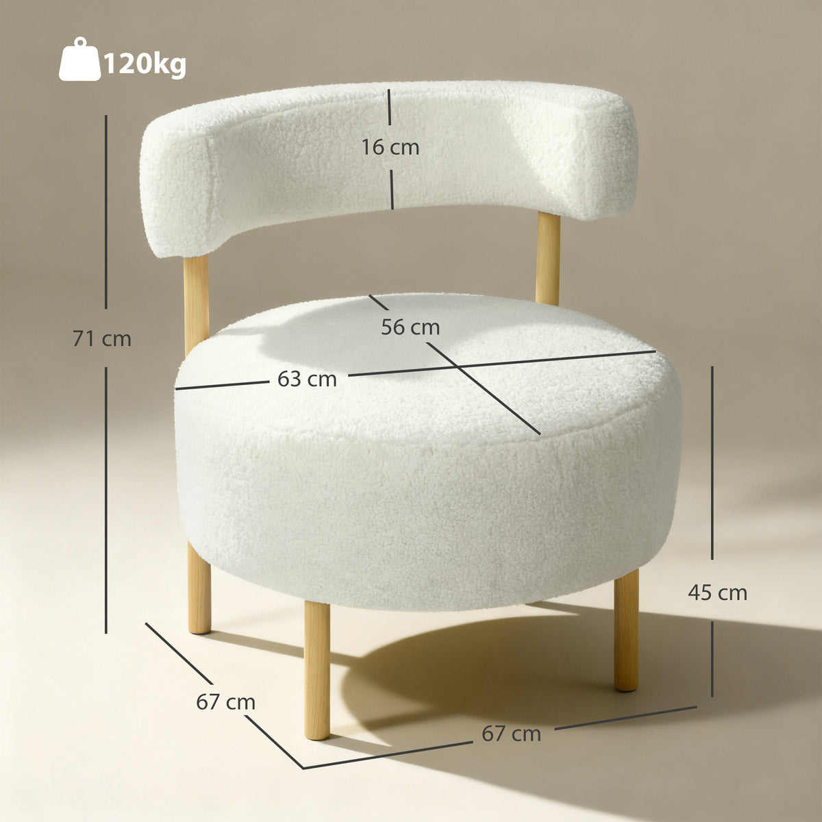 Fauteuil loungestoel relaxfauteuil met sherpa-fleece, metalen poten in houtlook gestoffeerde stoel 67 x 67 x 71 (3)