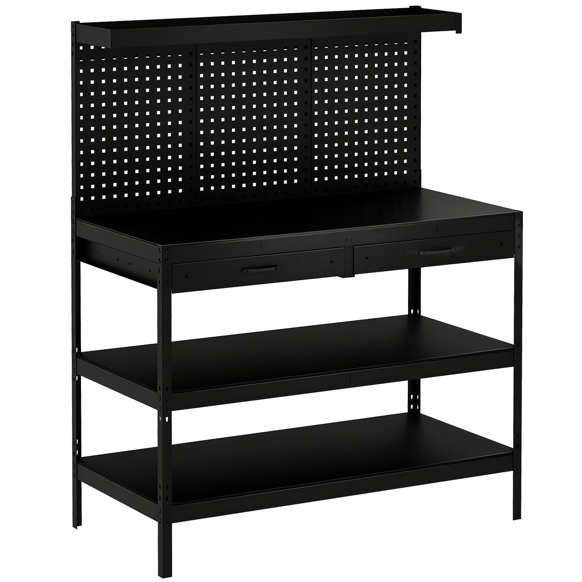 Werkbank met verstelbare planken, robuust werkstation met geperforeerde wand en 2 lades, 122 x 61 x 156 cm